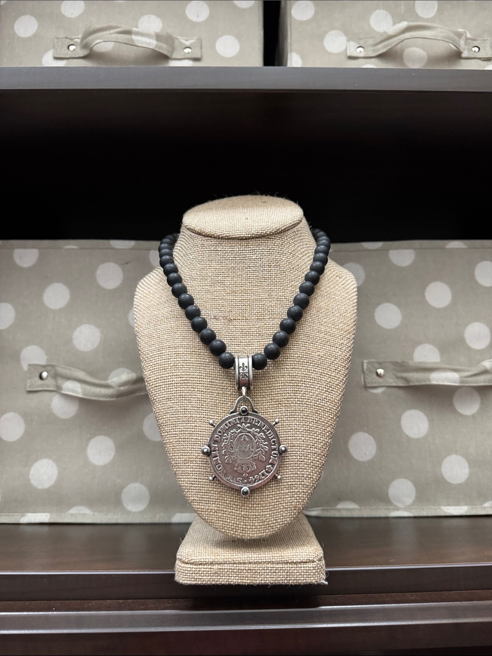 Matte Black Bead Necklace with Silver-Tone Coin Pendant
